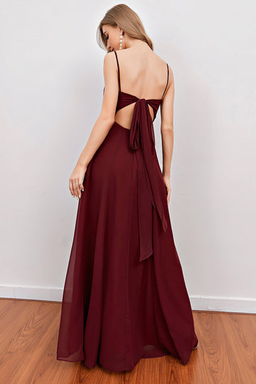 Spaghetti Borgonha Alças Longas Damas de Honra vestido com split